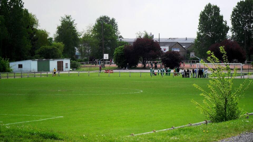 A green sports field with a goalpost, trees, and a small building.