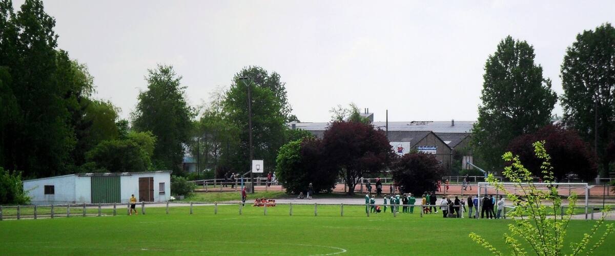 A green sports field with a goalpost, trees, and a small building.