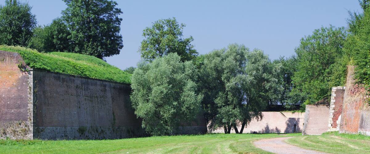 A grassy area with a curved path, brick walls, and trees.