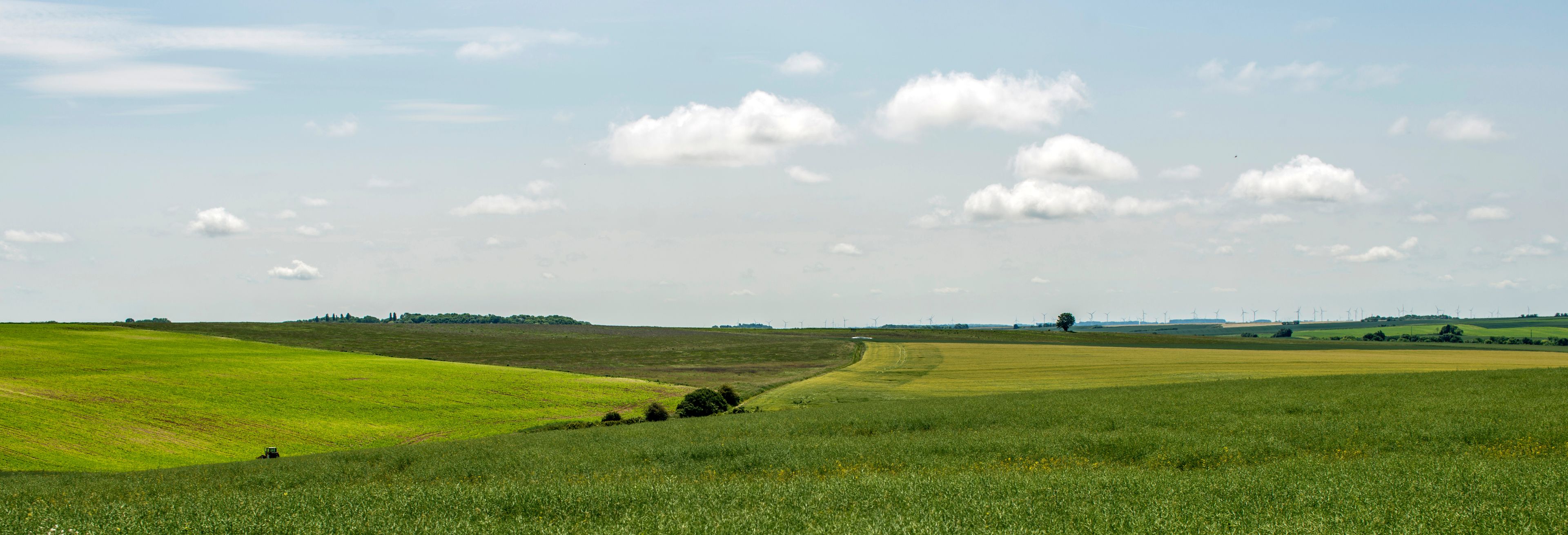 Rolling green fields, a tractor, and wind turbines in the distance.