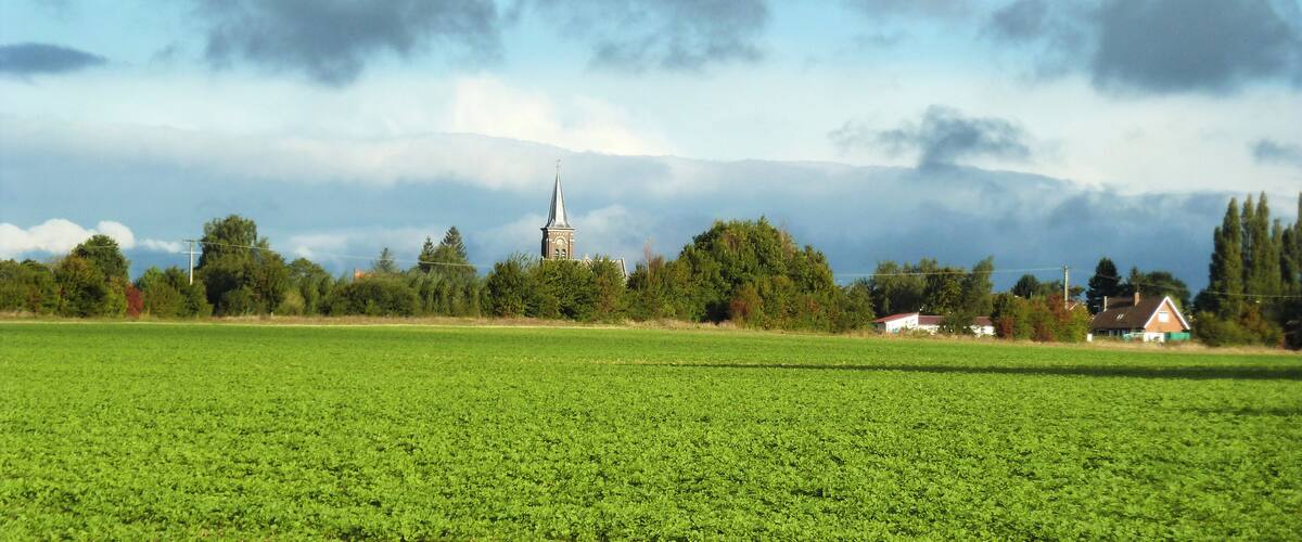 A green field, a church with a steeple, and a house in the distance.
