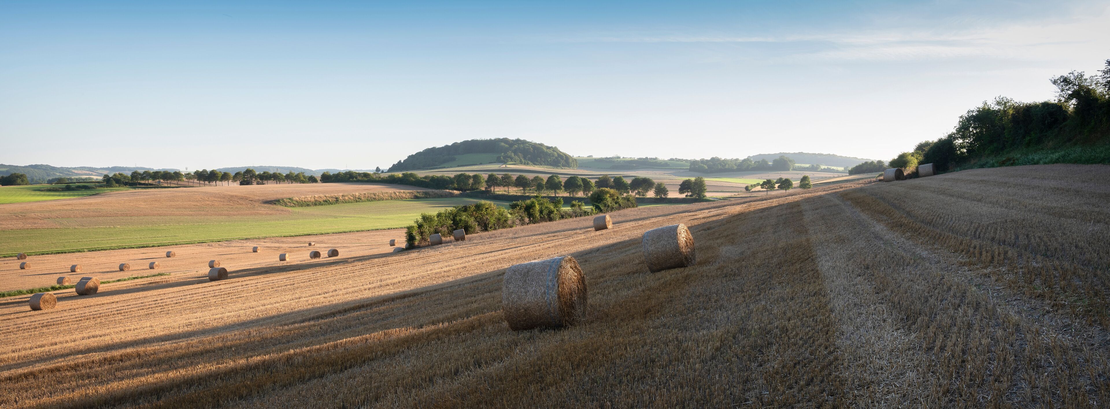 A rural landscape with fields, hay bales, and rolling hills.