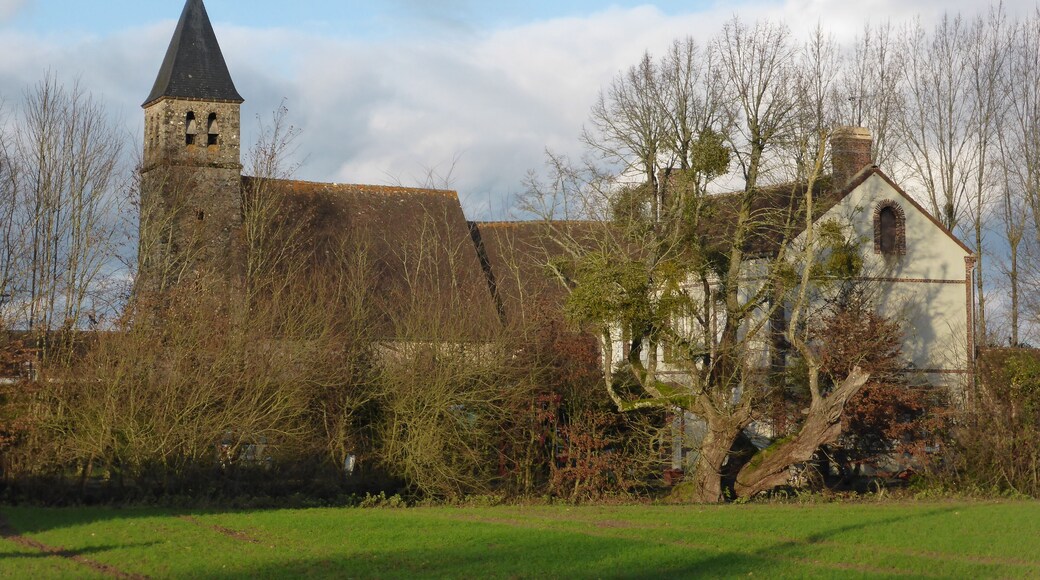 Église Saint-Laumer et maison voisine vues depuis l'entrée du bourg du Pas-Saint-l'Homer, dans l'Orne.