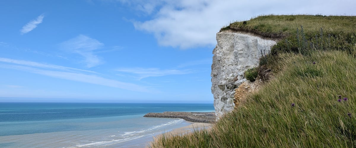 A coastal cliff with a grassy edge and a beach.