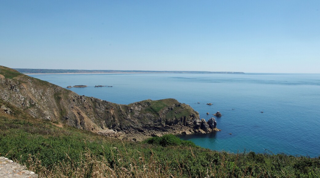 Jobourg (Manche) Le Nez de Jobourg vu depuis le Nez des Voidries. Entre les deux nez, l'Anse de Senival. Au loin, le Cap de Flamanville. "Nous dominons la mer de 128 mètres. A droite, nous avons le phare d'Auderville et le cap de la Hague ; à gauche l'anse de Vauville, que ferme dans le lointain, à une quinzaine de kilomètres, le cap de Flamanville. Une légère brume en haute mer nous cache les îles anglo-normandes. Tout près, au sud, s'allonge le Nez de Jobourg, moins haut mais plus déchiqueté que la pointe sur laquelle nous sommes. Là, finit le passage de la déroute et commence le Raz-Blanchard. Dans les hautes falaises de Jobourg existent des grottes d'un accès difficile : on y descend en suivant un sentier périlleux établi par le T. C. F. Si dangereux que soient ces parages pour la navigation il n'en ont pas moins été fréquentés par les fraudeurs. Il y avait autrefois dans la région des sociétés organisées pour la fraude du tabac. La configuration de la côte, riche en cachettes, facilitait ce trafic. Les fraudeurs, les «hagards», selon l'expression locale, sont devenus plus rares. Les lourdes amendes et la prison qui les menacent aujourd'hui ont presque entièrement arrêté leur fructueux commerce." Compte rendu de l'excursion faite par la Société Historique et Archéologique de l'Orne dans le Cotentin 29 Août — 2 Septembre 1927 - Caen, 26 janvier 1928. Camille de Mons..