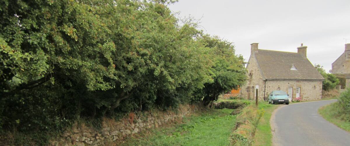 A rural road with a stone wall, greenery, and a stone house.