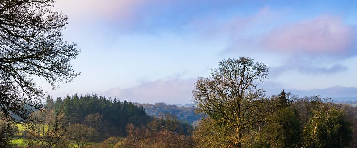 Winter landscape of the Normandy bocage and the Souleuvre Valley from Le Bény-Bocage