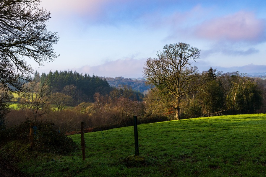 Winter landscape of the Normandy bocage and the Souleuvre Valley from Le Bény-Bocage