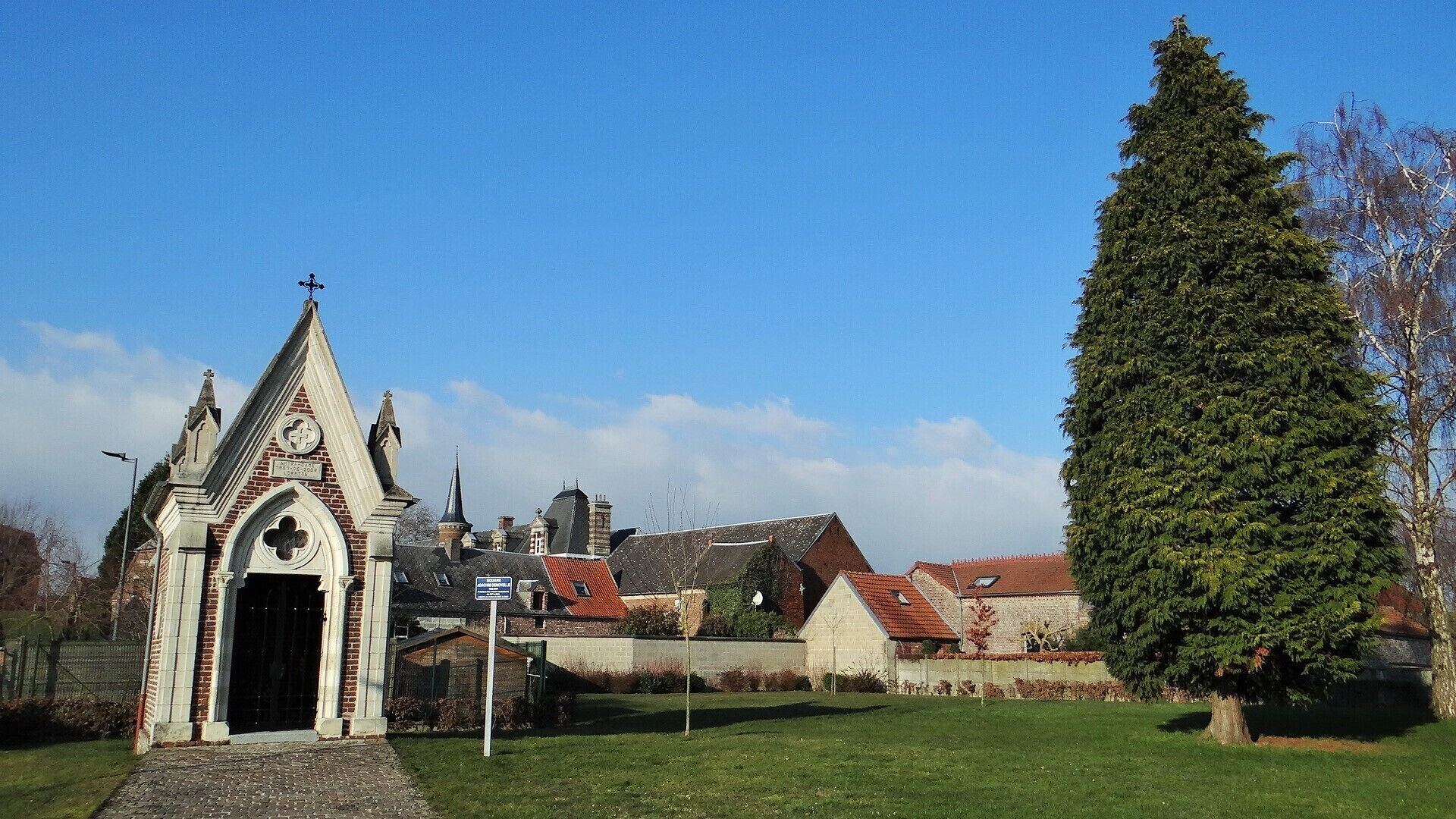 A church with a pointed steeple and a large evergreen tree in front.