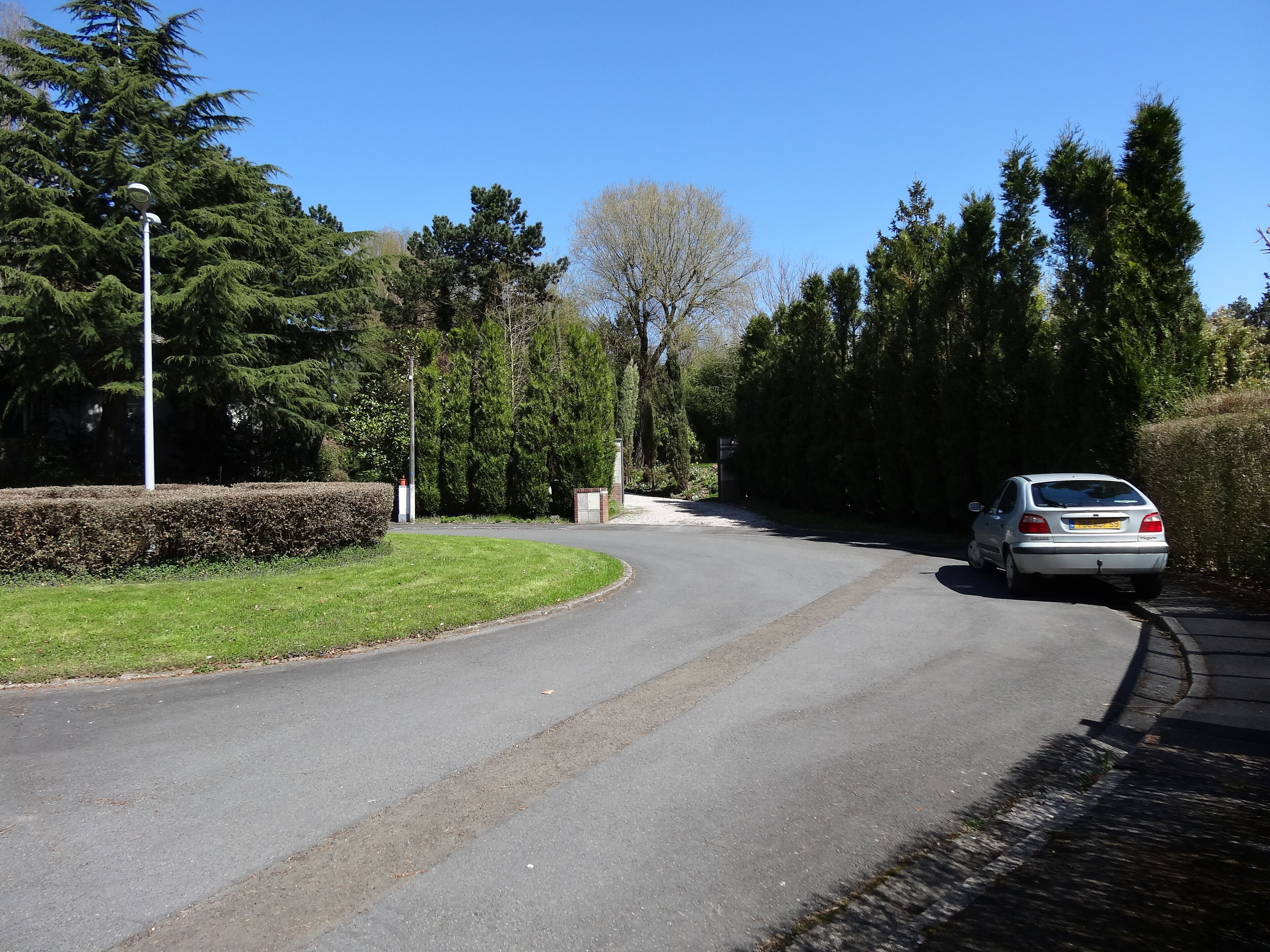 A curved road with a car driving on it, surrounded by trees and a hedge.