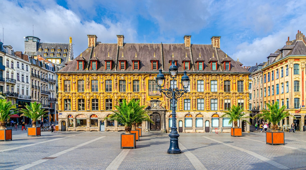 A historic building with ornate yellow facades and red window frames, surrounded by cobblestone streets and palm trees.