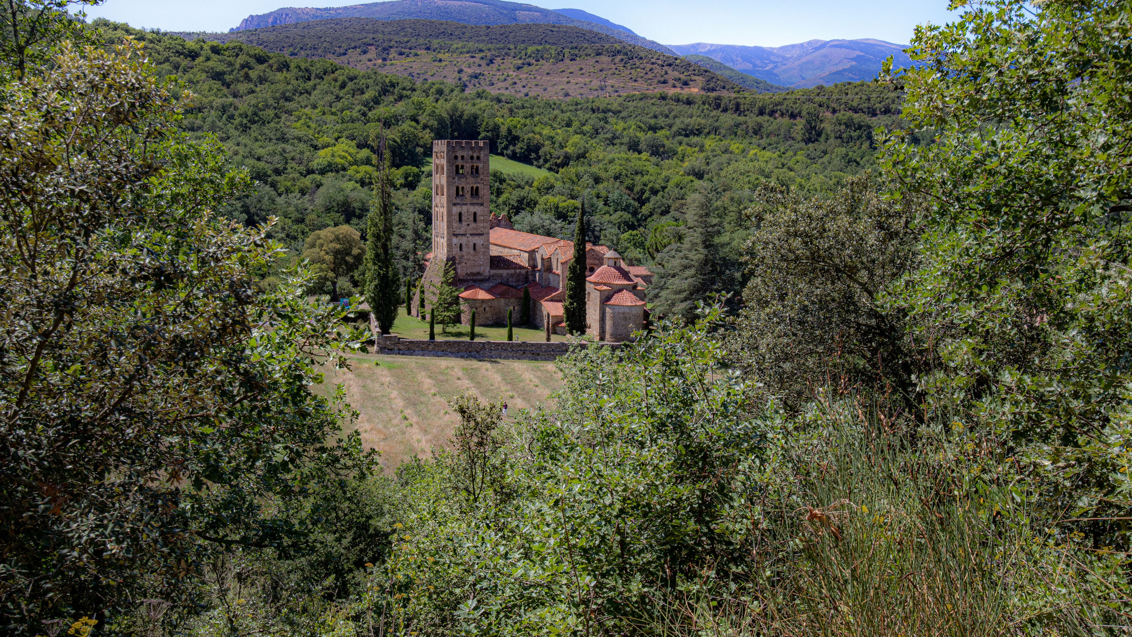 Exterior view of the Abbey of St Michel de Cuxa in the countryside