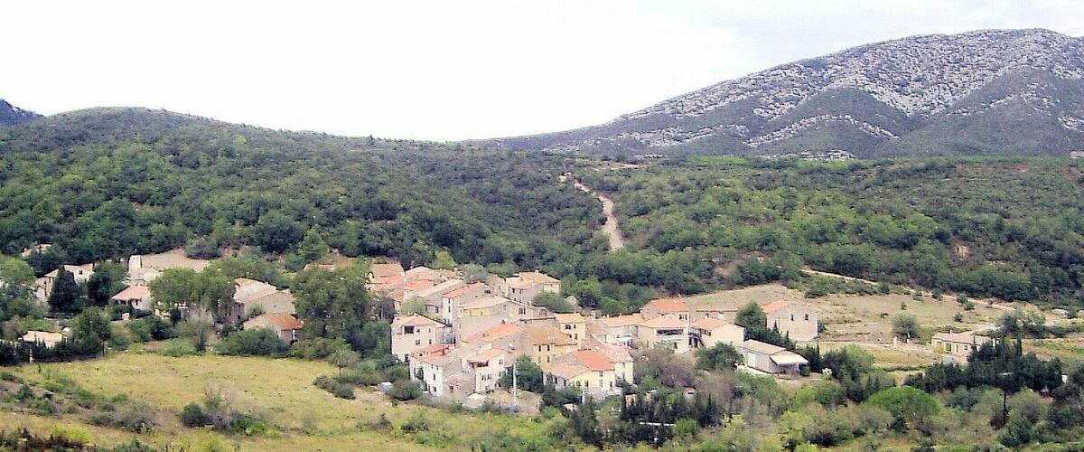 A village nestled in a valley with a mountain in the background.