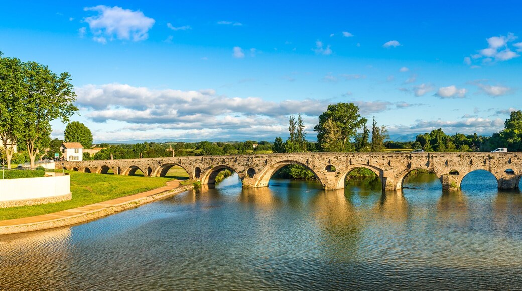 Panorama du Pont Vieux et la Cathédrale Saint-Nazaire sur l'Orb à Béziers, Hérault, Occitanie, France