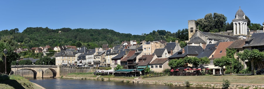 View at the medieval village of Montignac, at the foreground the Vezere river.