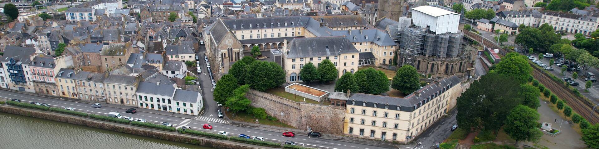 Aerial panorama view of the old town in the city of Saint-Nicolas-de-Redon in France on a sunny summer day