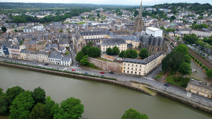 Aerial panorama view of the old town in the city of Saint-Nicolas-de-Redon in France on a sunny summer day
