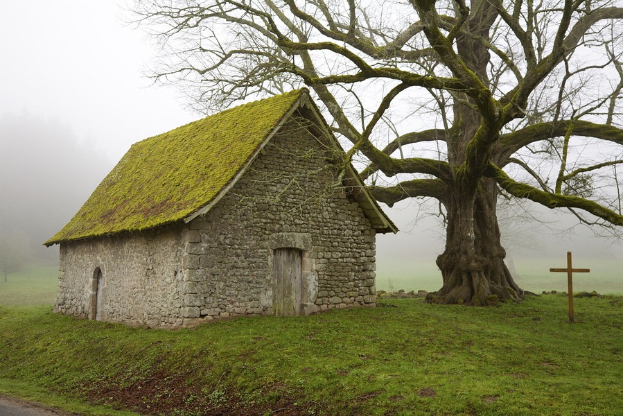 Chapelle du Mas St. Jean, Near Saint-Sulpice-le-Dunois on a foggy spring morning. Creuse, Limousin, France.