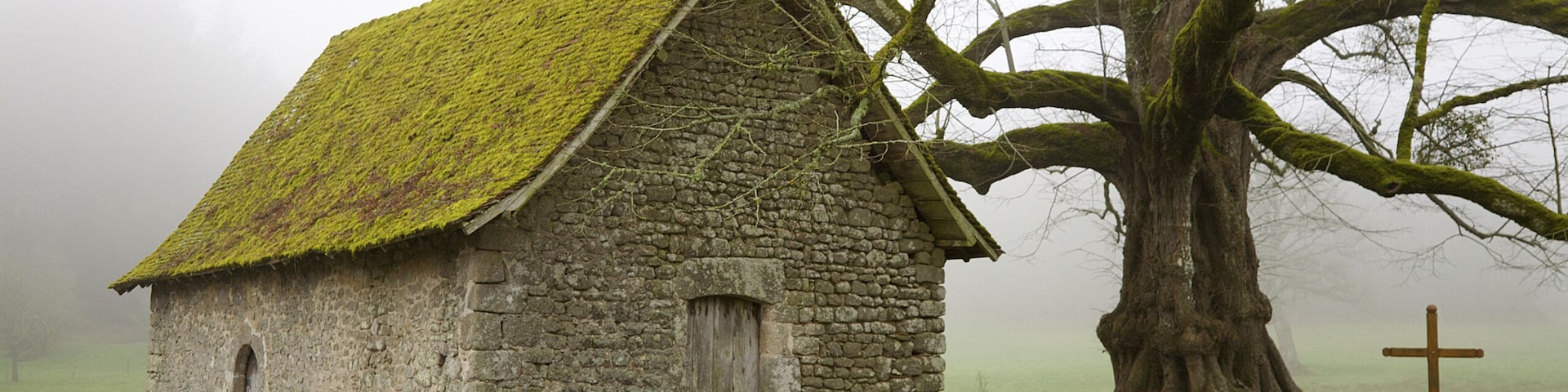 Chapelle du Mas St. Jean, Near Saint-Sulpice-le-Dunois on a foggy spring morning. Creuse, Limousin, France.