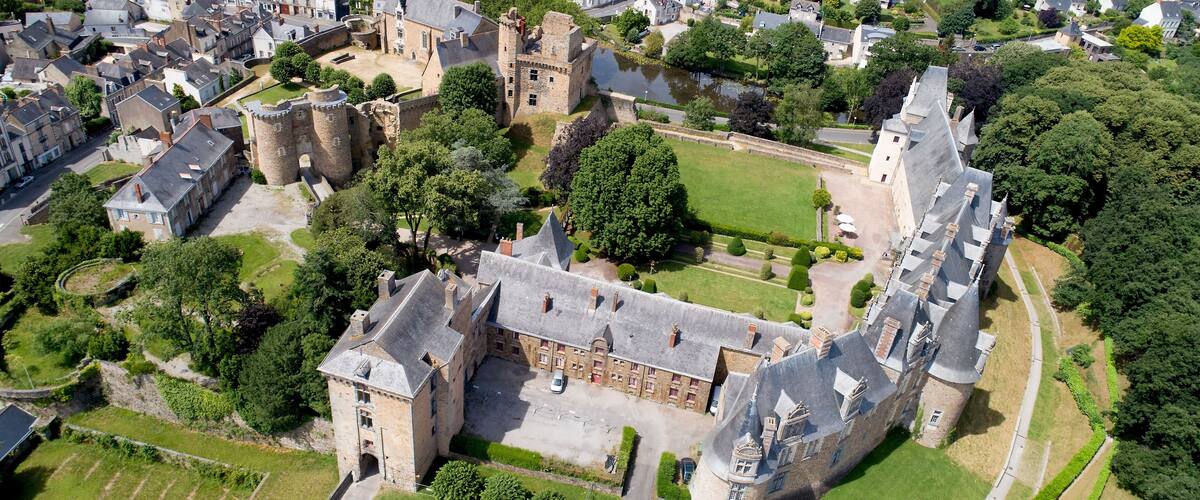 An aerial view of a historic castle surrounded by lush greenery and residential buildings.