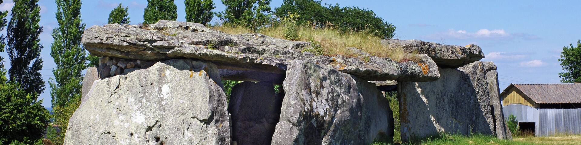 Dolmen de la Magdeleine ou de la Madeleine à Gennes (Maine-et-Loire). C'est un des plus beaux dolmen par sa taille. Dimensions : 14 m sur 5,70 m hauteur moyenne sous le dalle de 2,70 m surface 80 m² Le dolmen est constitué de plusieurs dalles en grès à sabals*. Probablement de type angevin malgré l'absence de portique d'entrée côté est. Il fut réutilisé comme remise à charrettes au 19ème siècle. Les vestiges d'un four à pain dans la chambre et d'un chambranle de porte témoignent de son utilisation par la ferme voisine. Des fouilles réalisées en 1940 on permis de retrouver de nombreux ossements ainsi que des silex taillés. Grès à sabals: Les grès à sabalites sont le témoin d'un climat tropical en Anjou. Les fossiles végétaux, feuilles de palmier sabalites de l’éocène (55- 33 millions d'années) figurent dans la formation dite des «grès à sabals». Dolmen de la Madeleine or Magdeleine Gennes (Maine-et-Loire). This is one of the largest dolmen. dimensions: 14 m by 5.70 m average height of 2.70 m the slab 80 sqm The dolmen consists of several slabs of sandstone sabal *. Probably type Angevin, despite the absence of entrance portico side. It was reused as garage carts in the 19th century. The remnants of a bread oven in the room and a door jamb demonstrate its use by the neighboring farm. Excavations in 1940 is possible to find numerous bones and carved flints. Sandstone sabal: The sandstone sabalites are witnessing a tropical climate in Anjou. The Plant fossils, leaves sabalites palm of the Eocene (55-33 million years) are included in the so-called "sandstone has sabal" training.