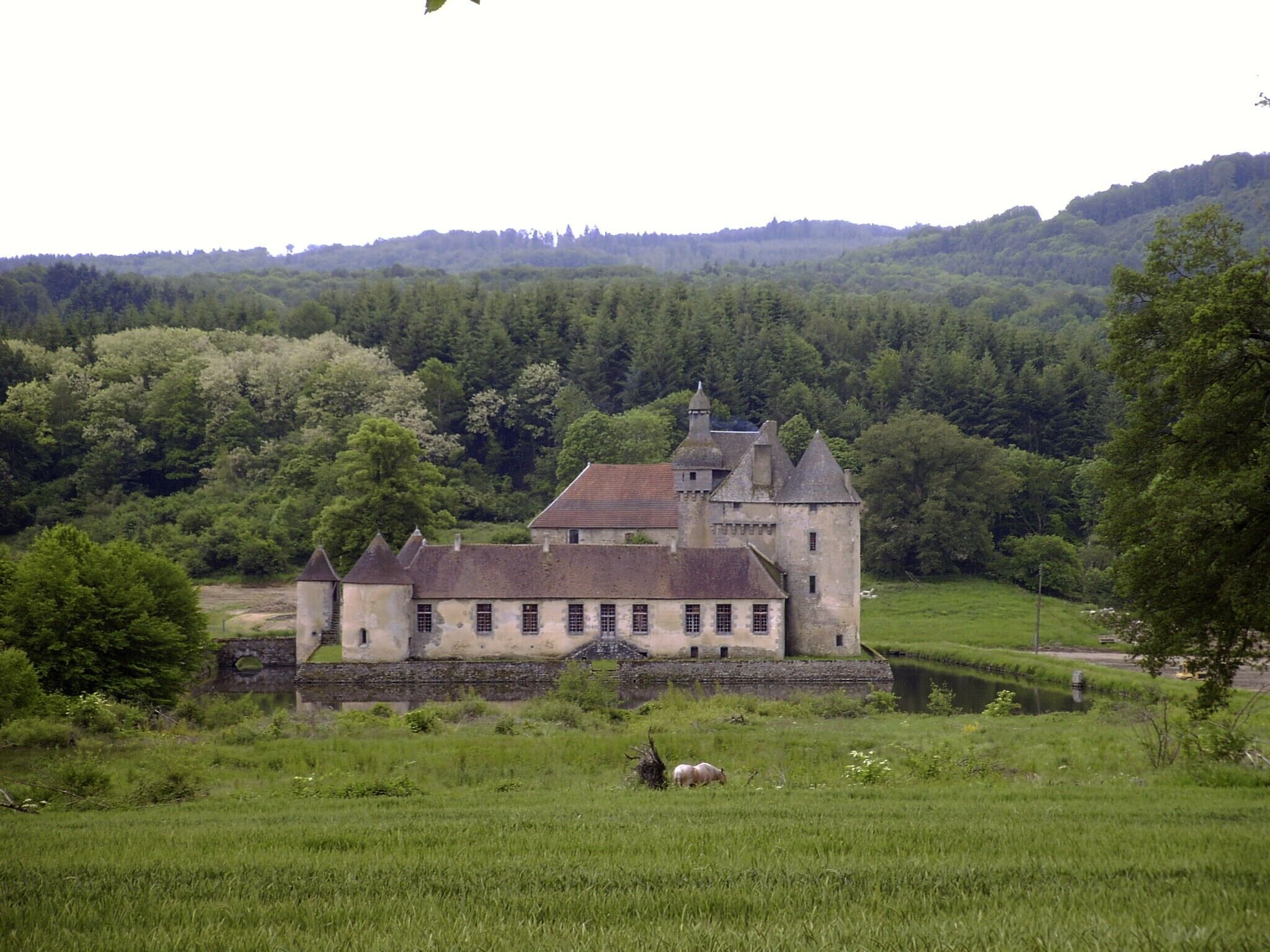 A historic castle surrounded by lush greenery and a river.