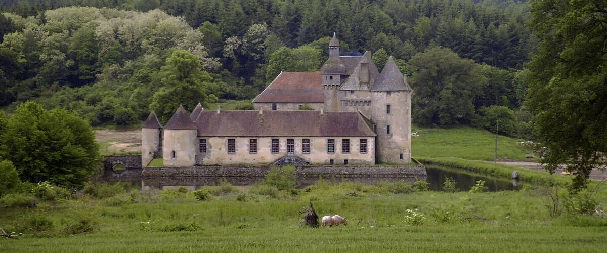 A historic castle surrounded by lush greenery and a river.