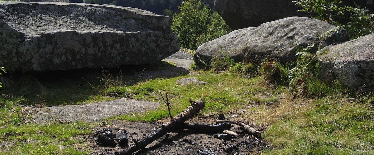 A mountainous landscape with large boulders and a dense forest in the background.
