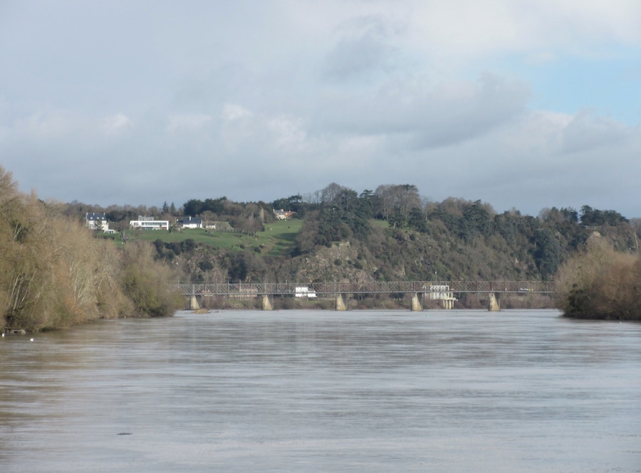 A river with a bridge, houses on a hill, and trees.