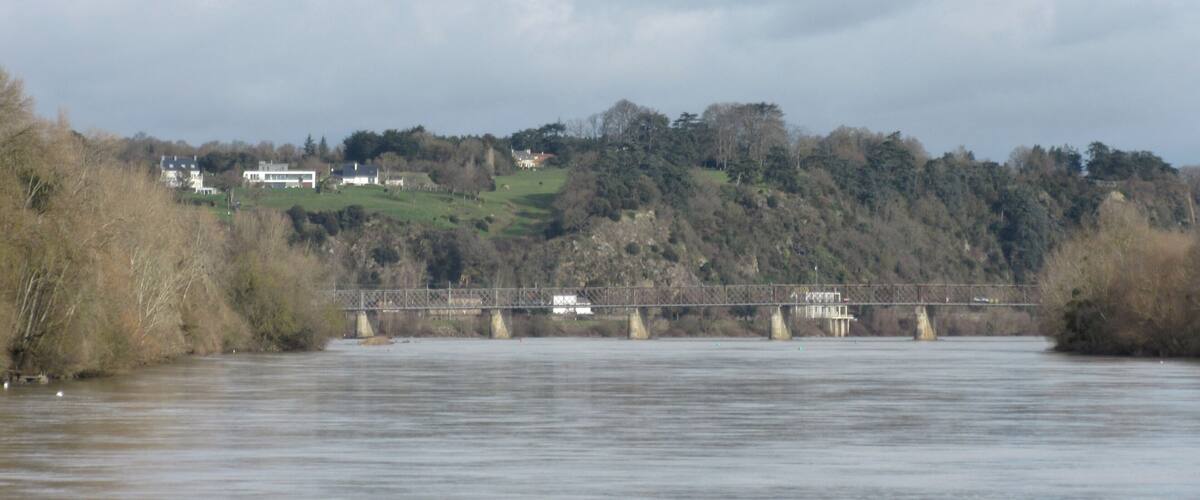 A river with a bridge, houses on a hill, and trees.