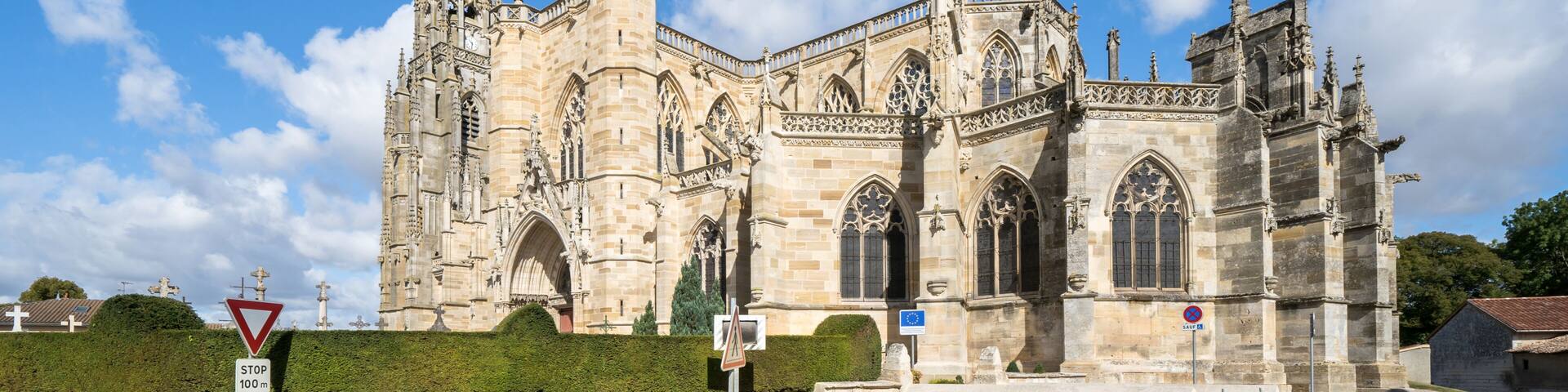 A historic cathedral with intricate Gothic architecture, a stop sign, and a pedestrian crossing.