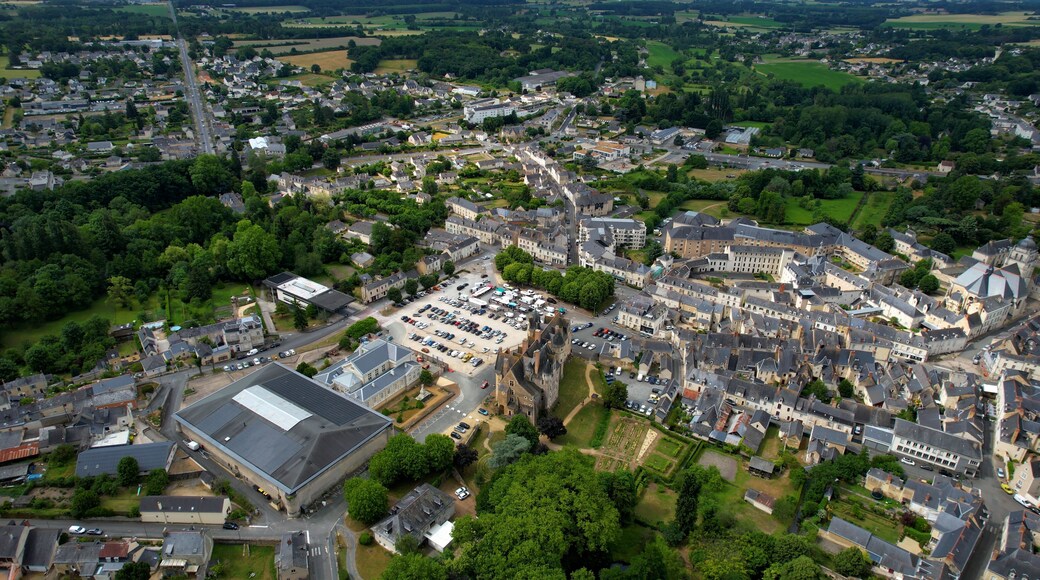 Aerial view around the old town of the city Baugé-en-Anjou in France on a sunny summer morning
