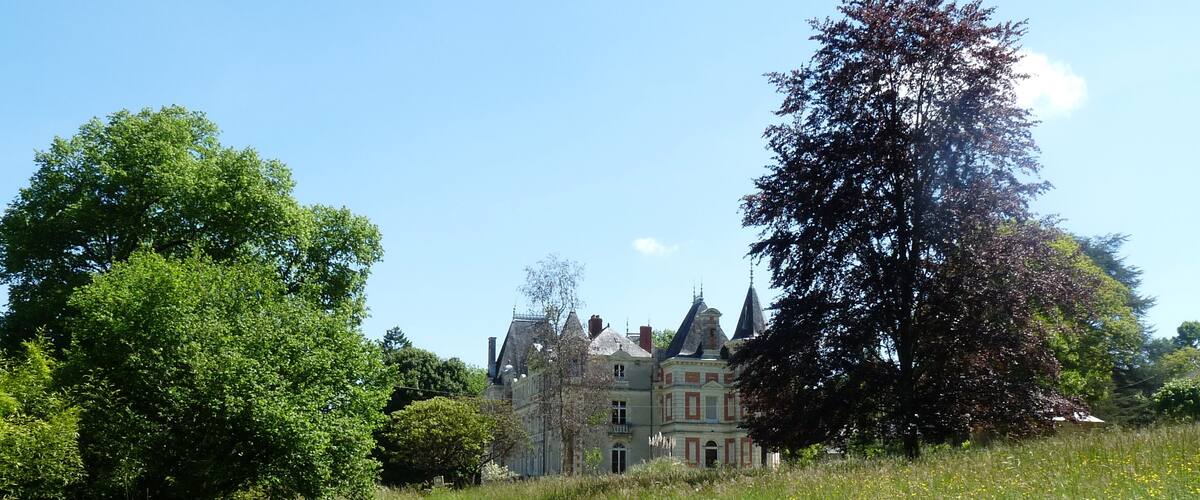 A large, historic house surrounded by lush greenery and a grassy path leading to it.