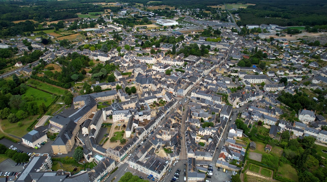 Aerial view around the old town of the city Baugé-en-Anjou in France on a sunny summer morning