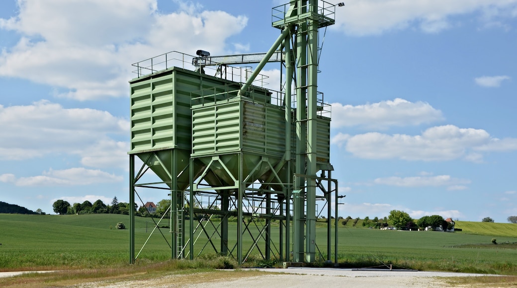 Grain elevators for truck loading, Bonnes, Charente, France.