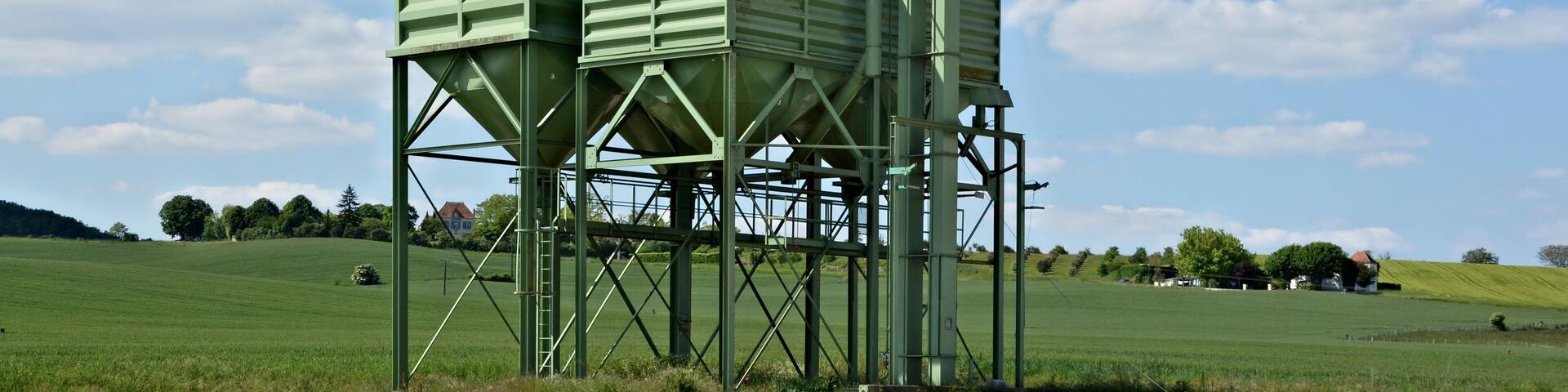 Grain elevators for truck loading, Bonnes, Charente, France.