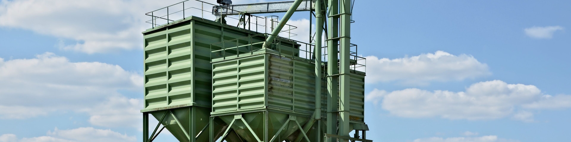 Grain elevators for truck loading, Bonnes, Charente, France.