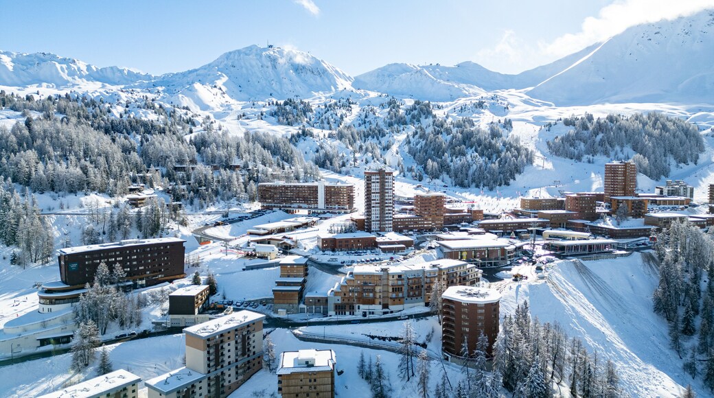 Aerial view of Skiing area of Paradiski, La Plagne, France Alpes