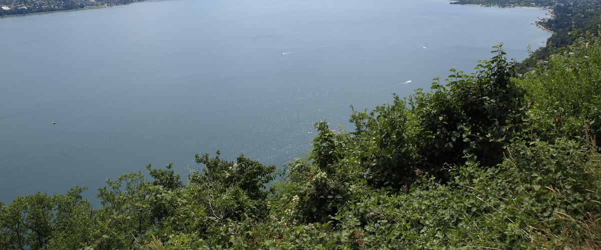 A large lake surrounded by mountains and dense greenery.