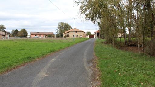 Una carretera rural bordeada por campos verdes y árboles, que conduce a un grupo de casas con tejados rojos.