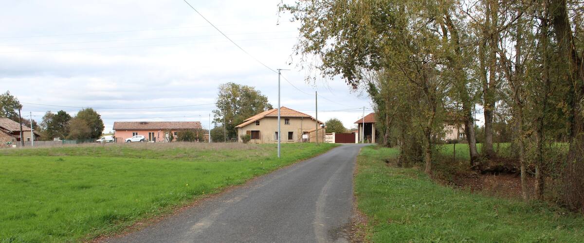 A rural road flanked by green fields and trees, leading to a cluster of houses with red-tiled roofs.