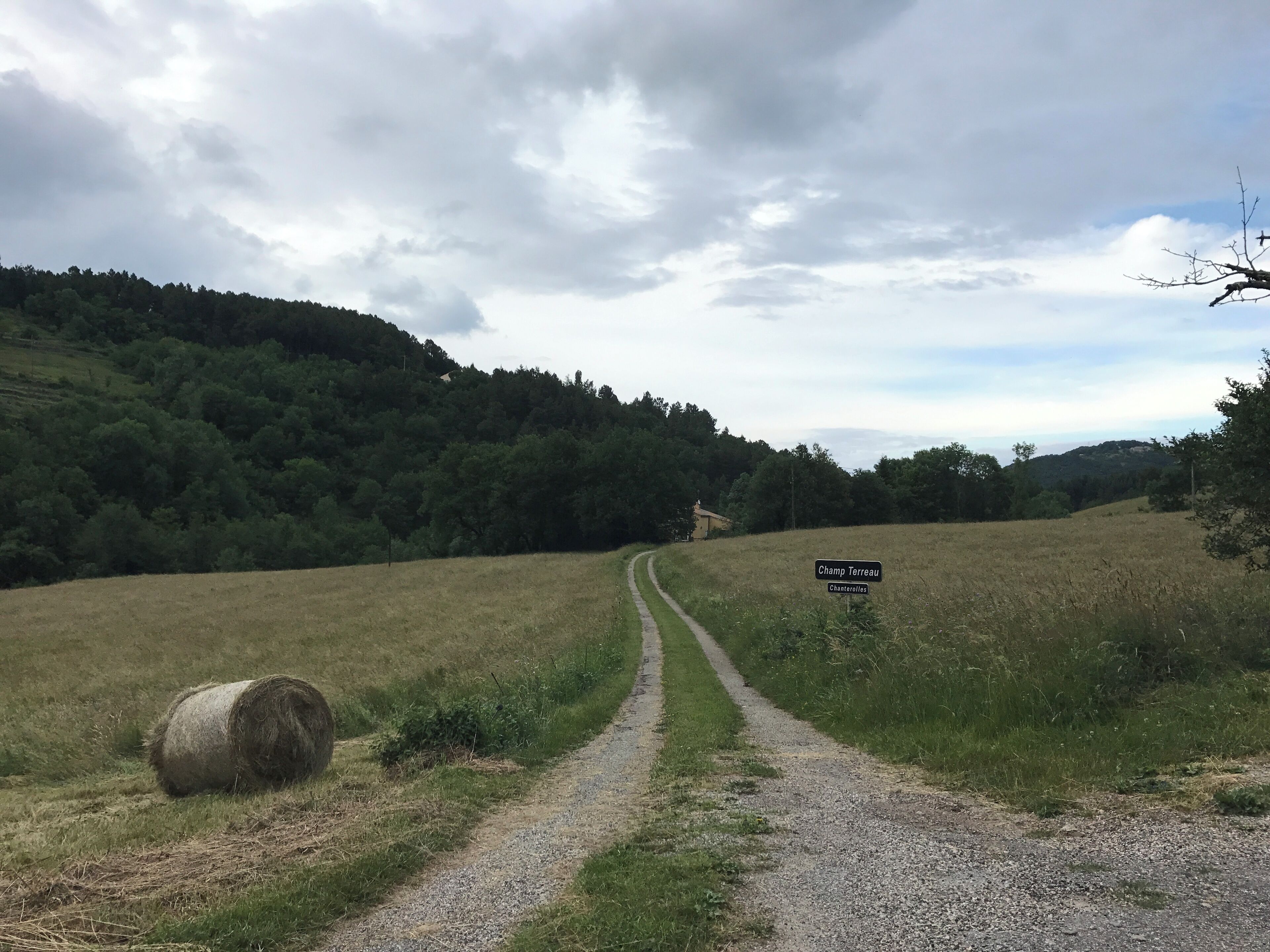 A gravel path leading through a rural landscape with a hay bale on the left and a sign for 'Champ Terreau' in the distance.