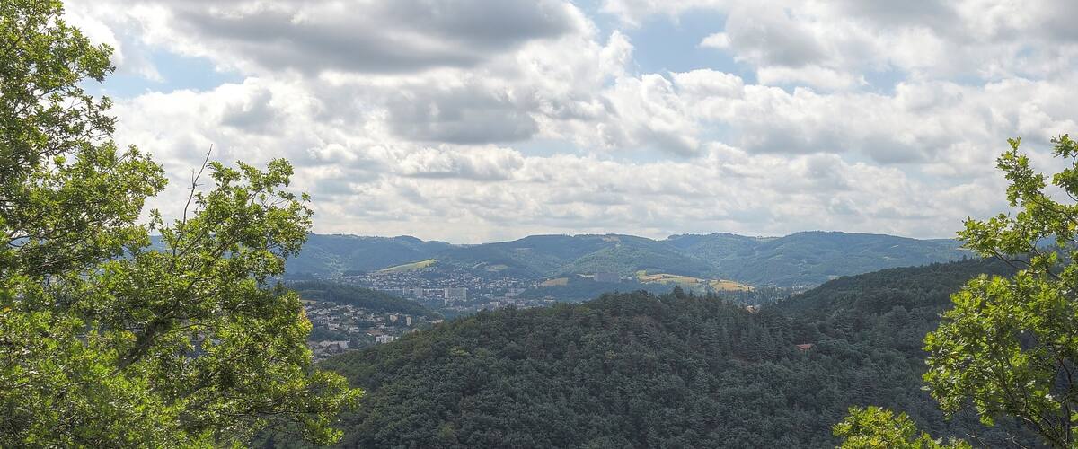 A lush green valley with a bridge and a distant cityscape.