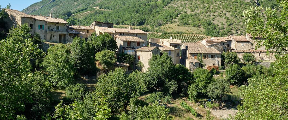 A hillside village with stone houses, vineyards, and dense greenery.