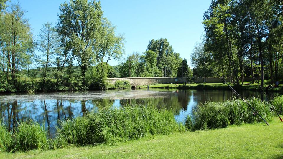 A calm river with grassy banks and trees.