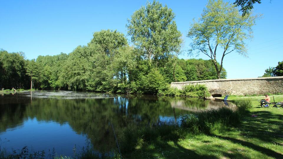 A calm lake surrounded by lush greenery and trees, with a stone wall and a person fishing on the right side.