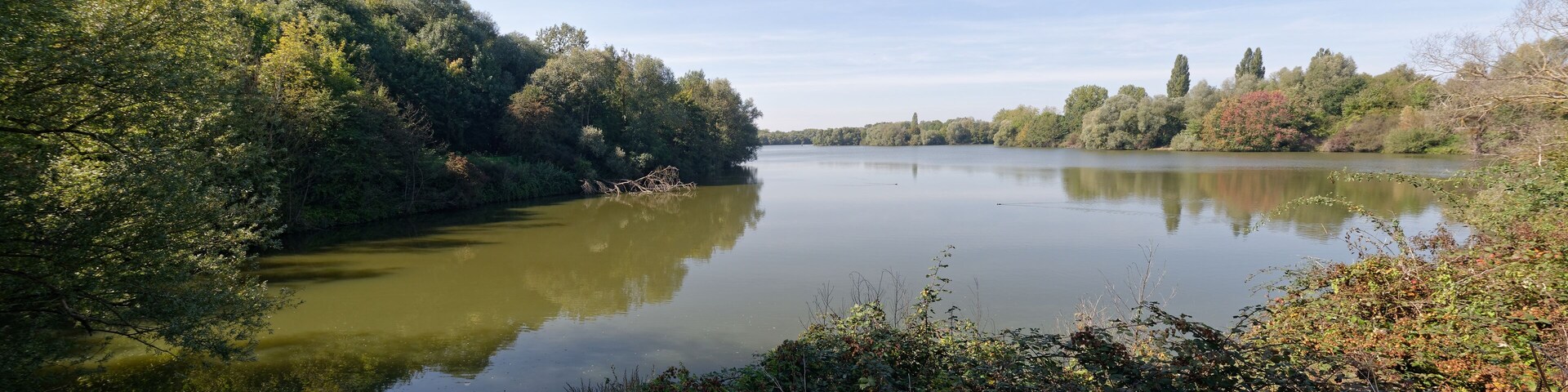 Extrémité ouest de l'étang de Trévoix, bassin de retenue de l'Orge à Bruyères-le-Châtel dans l'Essonne.