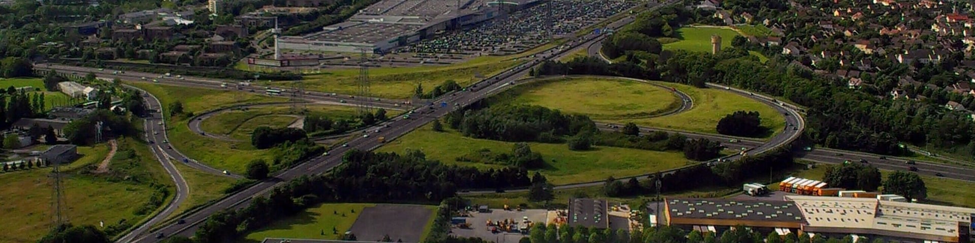 Aerialview of the interchange of A4 and A104 highways, at 20 km from Paris, France. This interchange is located on three communes of Seine-et-Marne: Collégien, Croissy-Beaubourg and Torcy.