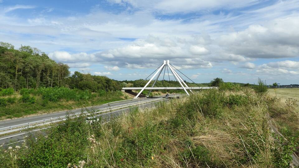 A bridge over a highway with greenery and trees in the background.