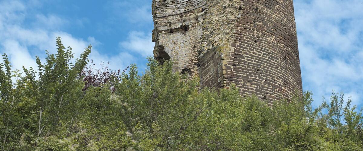 A tall, weathered brick tower surrounded by dense greenery.